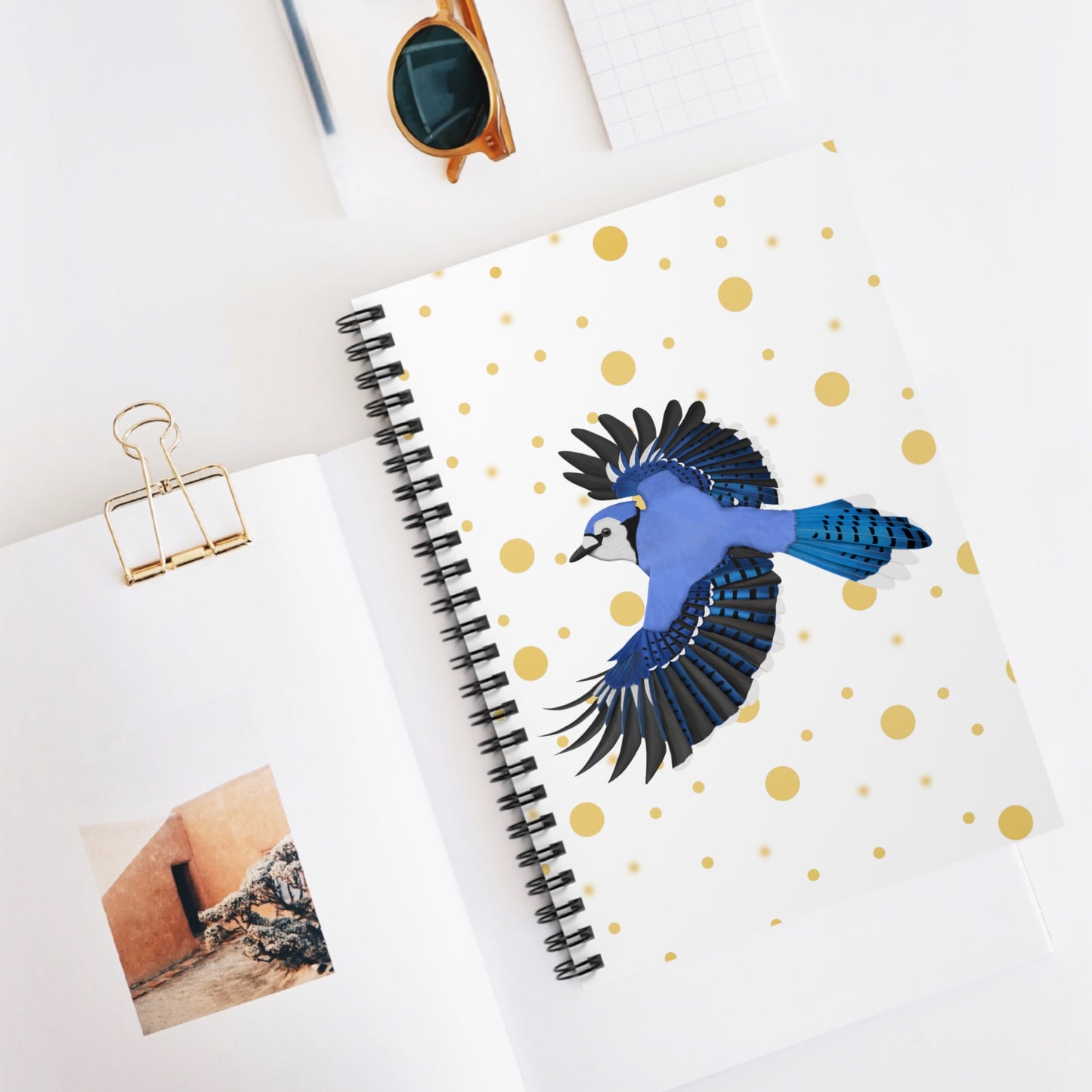 Blue Jay Bird Birdlover Spiral Notebook White Golden Dots Ruled Line 6"x8"