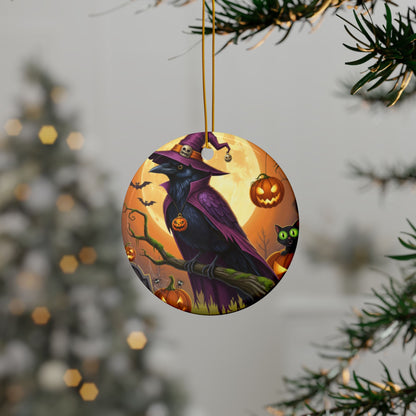 Raven Bird Halloween Ornament, Double-Sided Ceramic Decor for Spooky Season