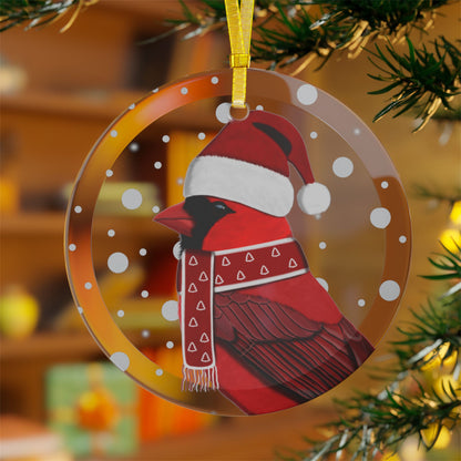 Cardinal as Santa Claus Christmas Bird Glass Ornament Transparent