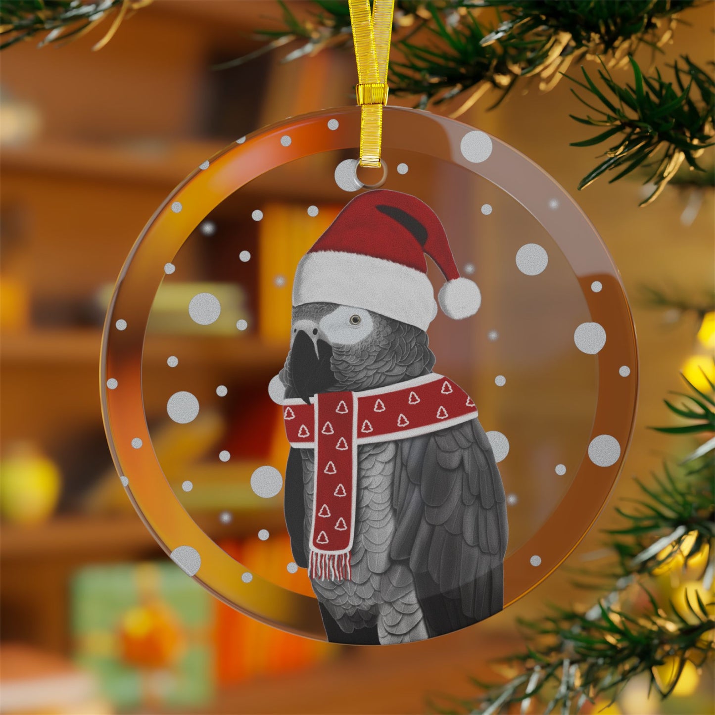 Grey Parrot as Santa Claus Christmas Bird Glass Ornament Transparent