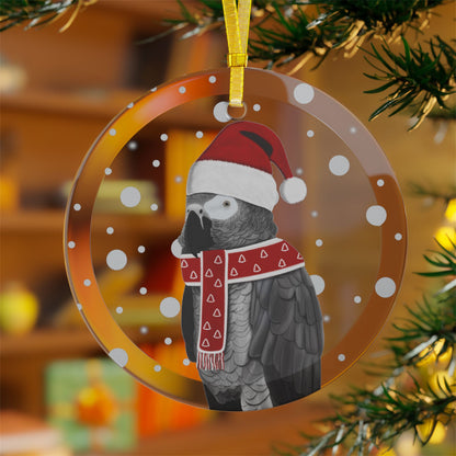 Grey Parrot as Santa Claus Christmas Bird Glass Ornament Transparent