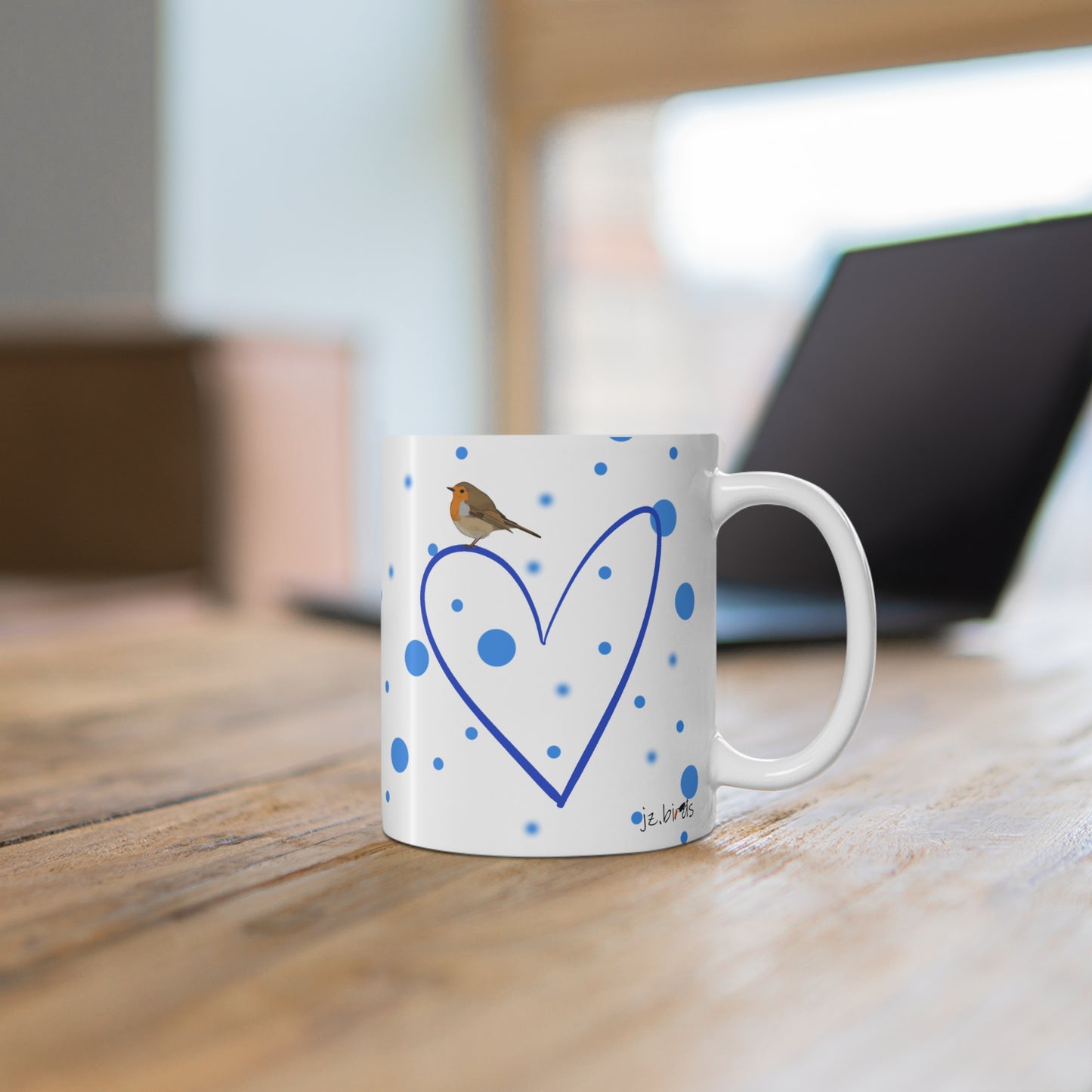 Robin Valentine's Day Bird Mug 11oz Blue Heart