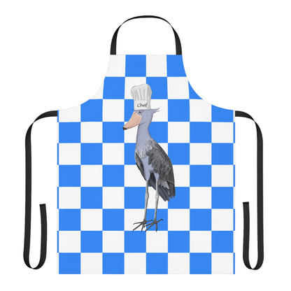 Shoebill Kitchen Chef Bird Art Apron Blue and White Checkered
