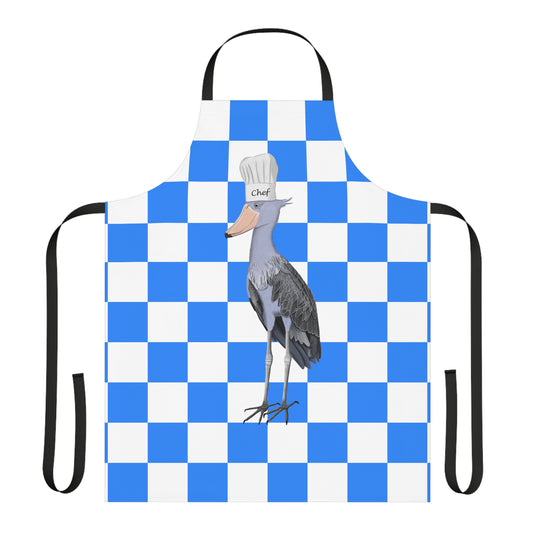 Shoebill Kitchen Chef Bird Art Apron Blue and White Checkered