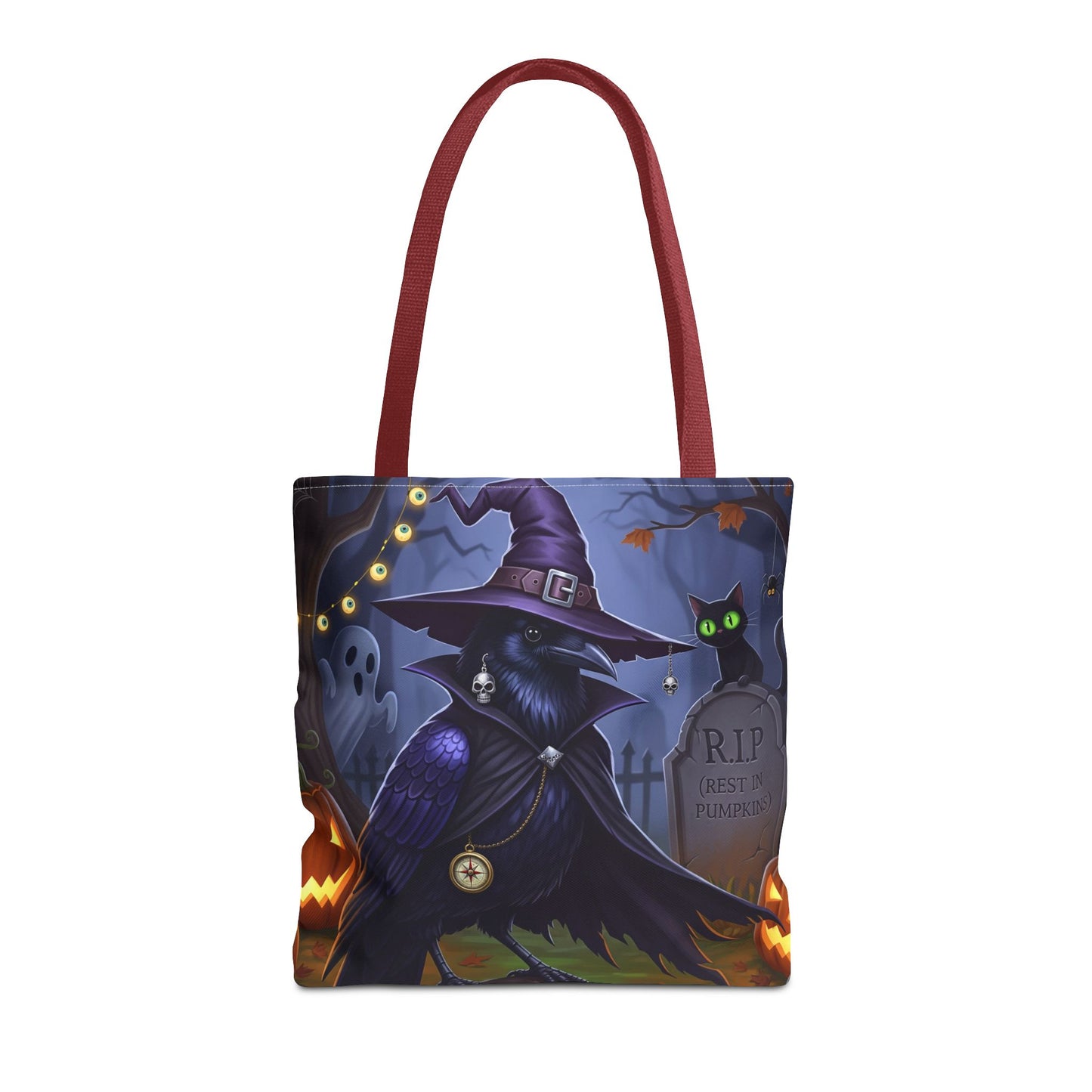 Halloween Crow Tote Bag: Purple Cape & Witch Hat | 16"x16" Polyester | Bird Decor Accessory