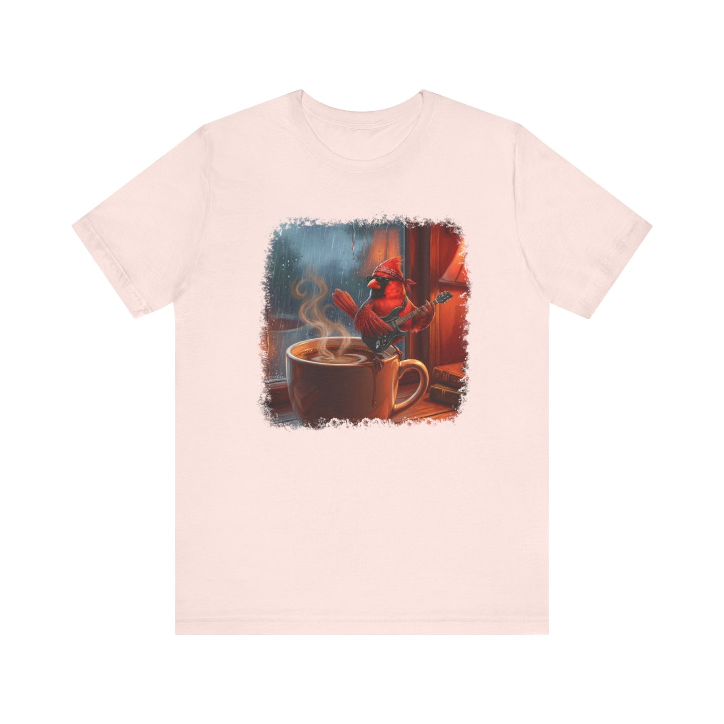 Vintage Lo-Fi Coffee & Rain Graphic Tee – Cardinal with Guitar Musician Shirt