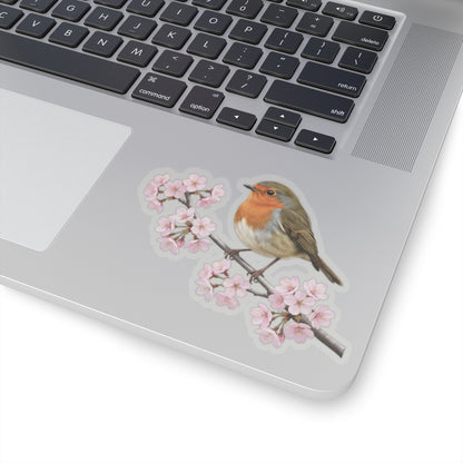 European Robin Cherry Blossom Sticker | Glossy Floral Bird Decal | Spring Laptop Sticker