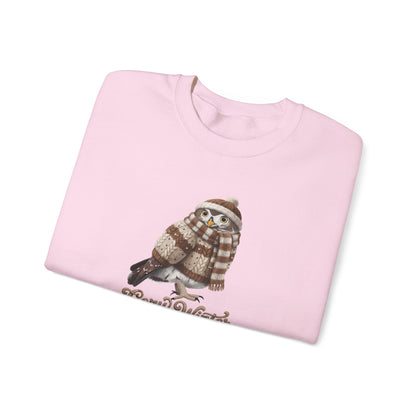 フクロウの冬用スウェットシャツ | バードウォッチャー クルーネック | 鳥好きの方へのユニセックス ソングバード ニットギフト