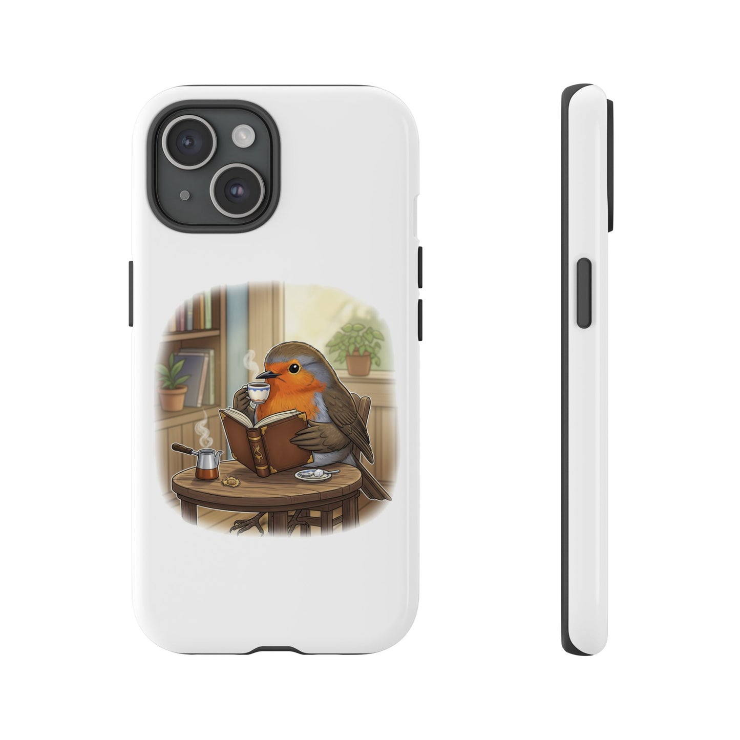 Rotkehlchen liest und trinkt Kaffee Premium Handyhülle – Doppelt Geschützt & Rundum Bedruckt Weiß