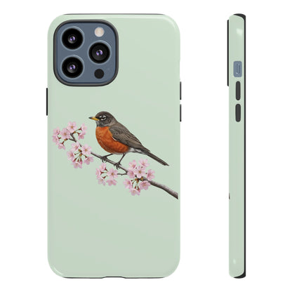 Wanderdrossel Handyhülle in Salbeigrün | Florales Kirschblüten Vogel-Motiv für iPhone & Google Pixel