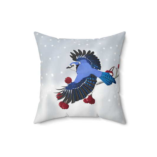 Blue Jay Flying Winter Branch Christmas Bird Throw Pillow 16"x16"