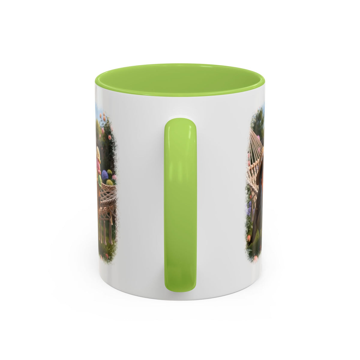 Keramiktasse Rosi Rotkehlchen und das Riesen-Eis im Garten – Kaffeebecher mit farbigem Henkel (330 ml)
