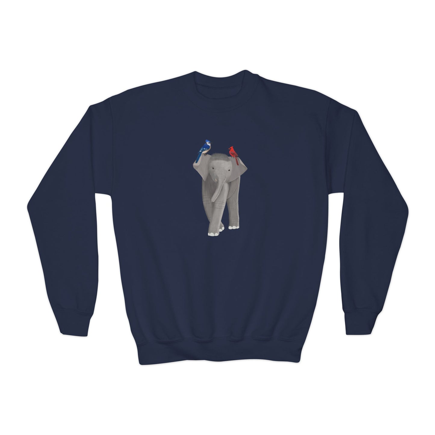 Elephant with Blue Jay and Cardinal Bird Youth Crewneck Sweatshirt