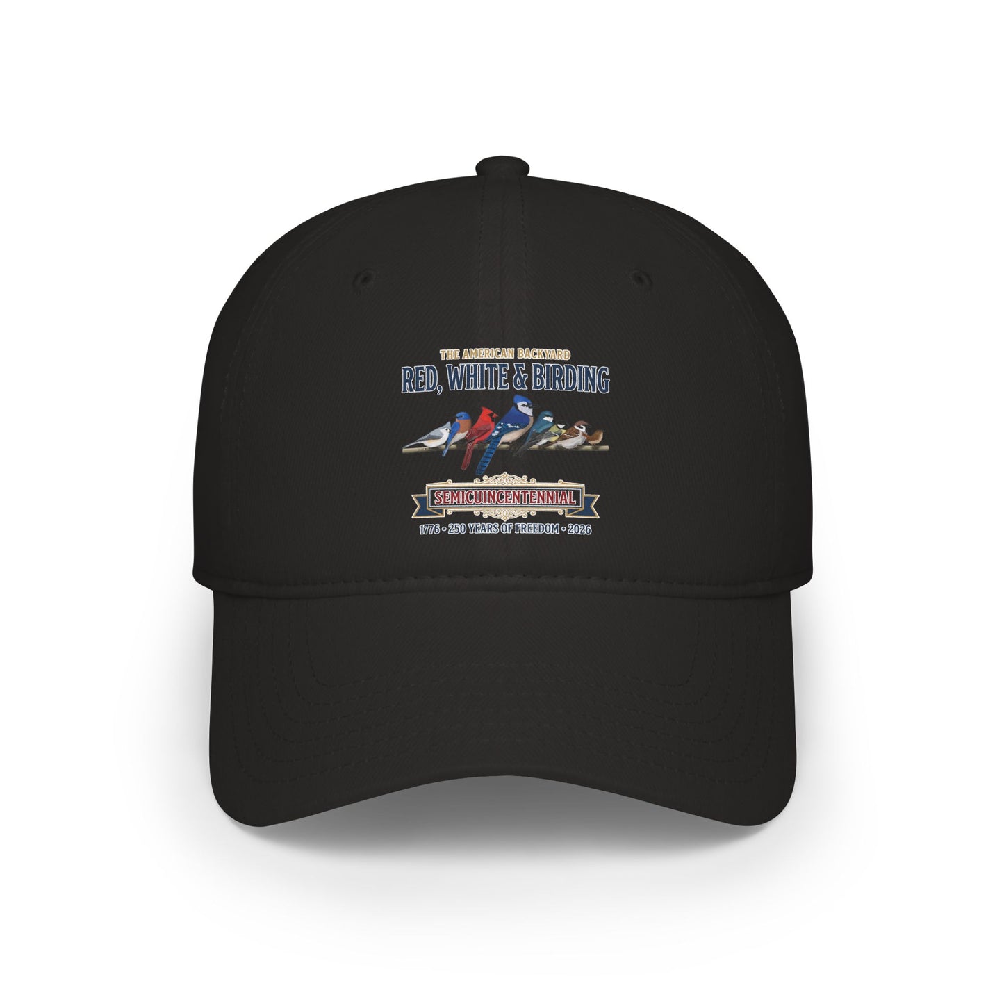 Red, White & Birding Branch Baseball Cap | Cardinal Blue Jay Bluebird 250th Anniversary Edition | jz.birds