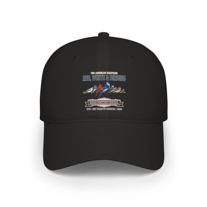Red, White & Birding Branch Baseball Cap | Cardinal Blue Jay Bluebird 250th Anniversary Edition | jz.birds