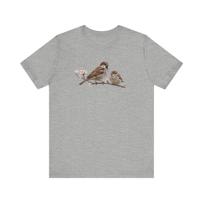 Tree Sparrow & Fledgling T-Shirt | Spring Blossoms Unisex Graphic Tee