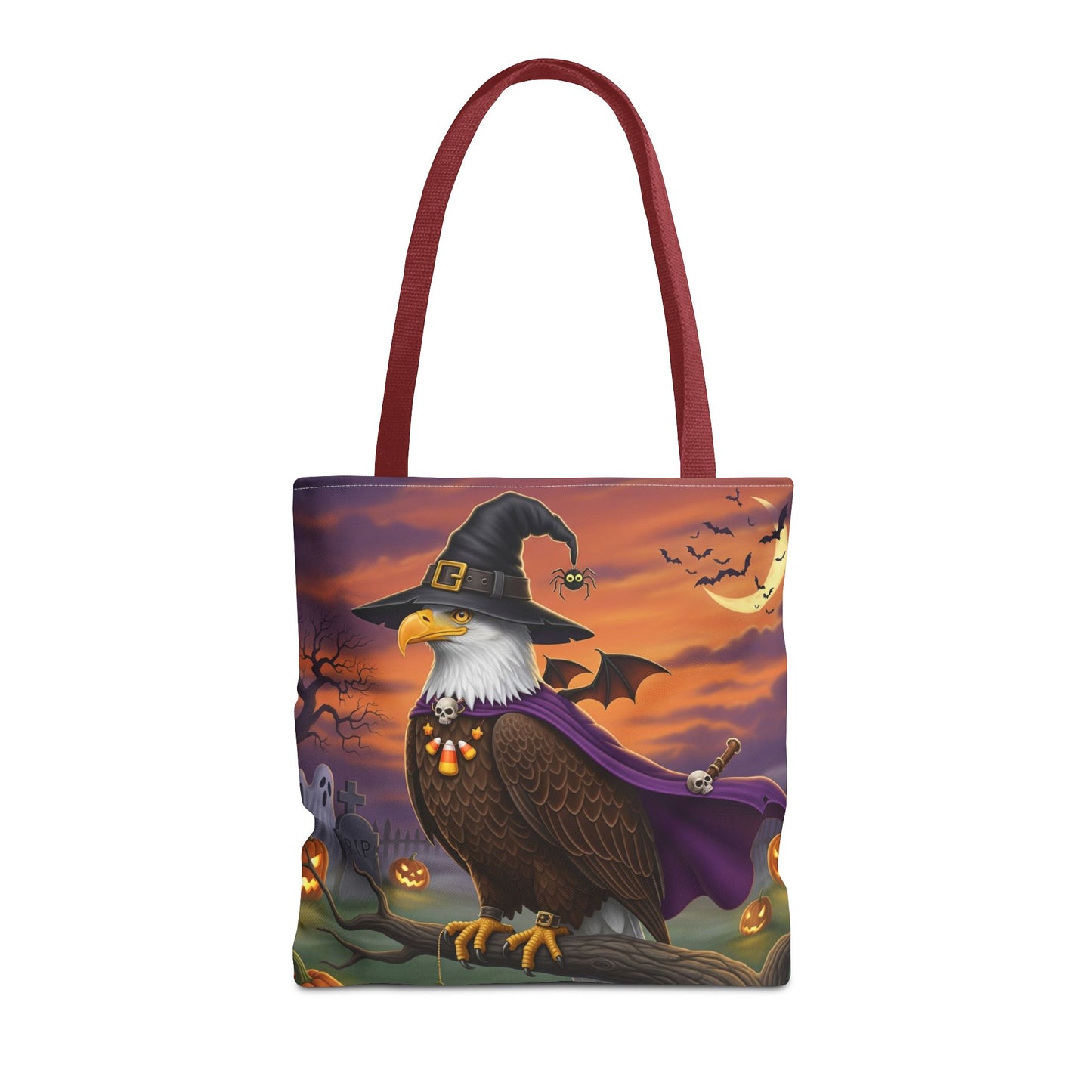 Halloween Bald Eagle Tote Bag: Purple Cape & Witch Hat | 16"x16" Polyester | Bird Decor Accessory