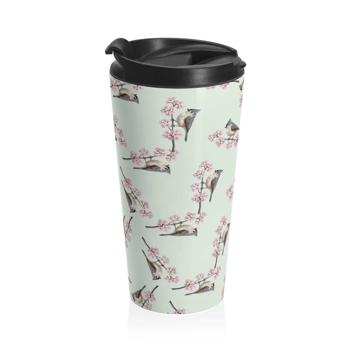 Tufted Titmouse Tumbler – & Cherry Blossom Travel Sage Green | 15oz Birdwatching Coffee Mug
