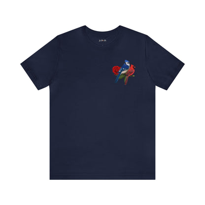 Blue Jay Cardinal on a Rose Valentine's Day Bird Unisex Tee - jz.birds