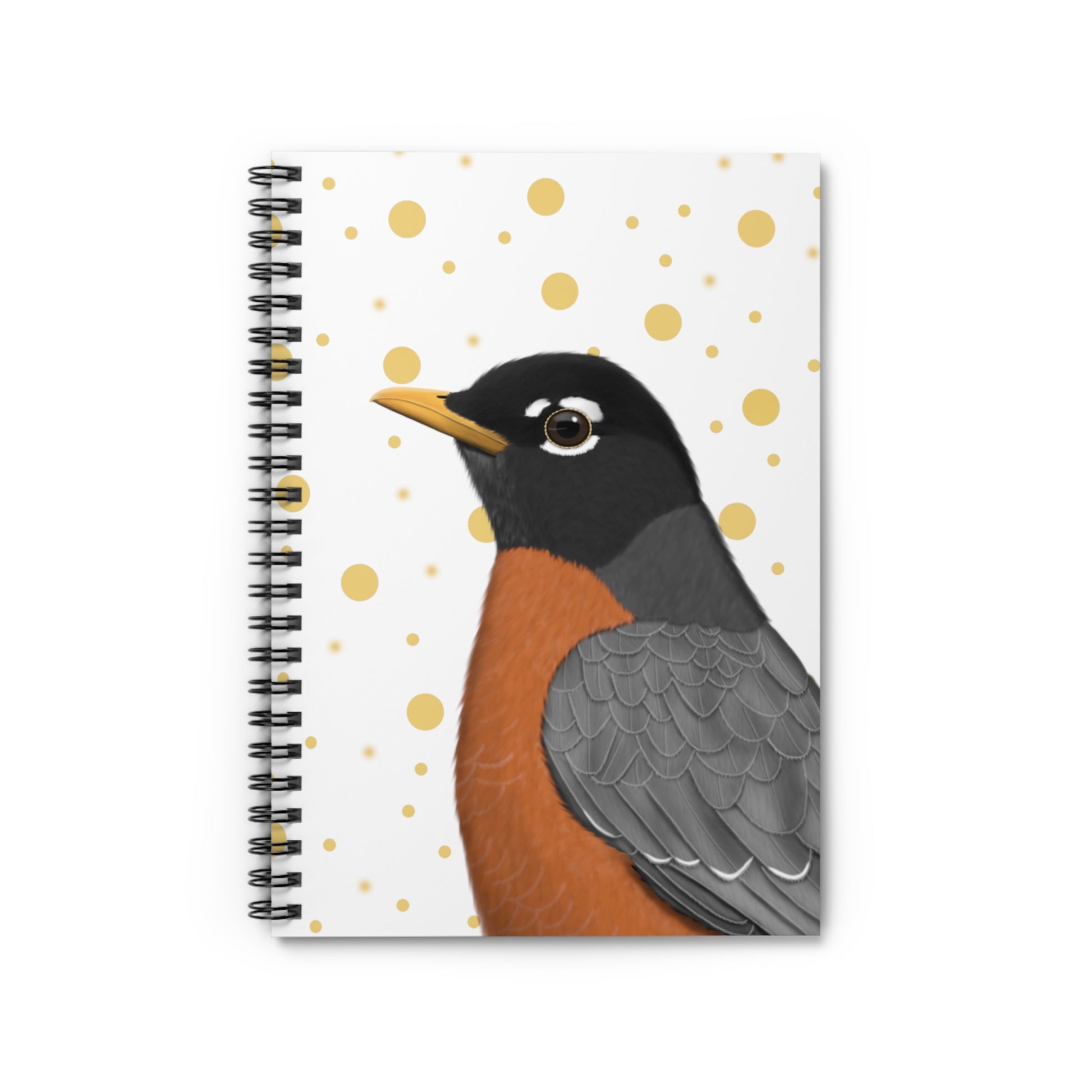 Robin Bird Birdlover Spiral Notebook White Golden Dots Ruled Line 6"x8"