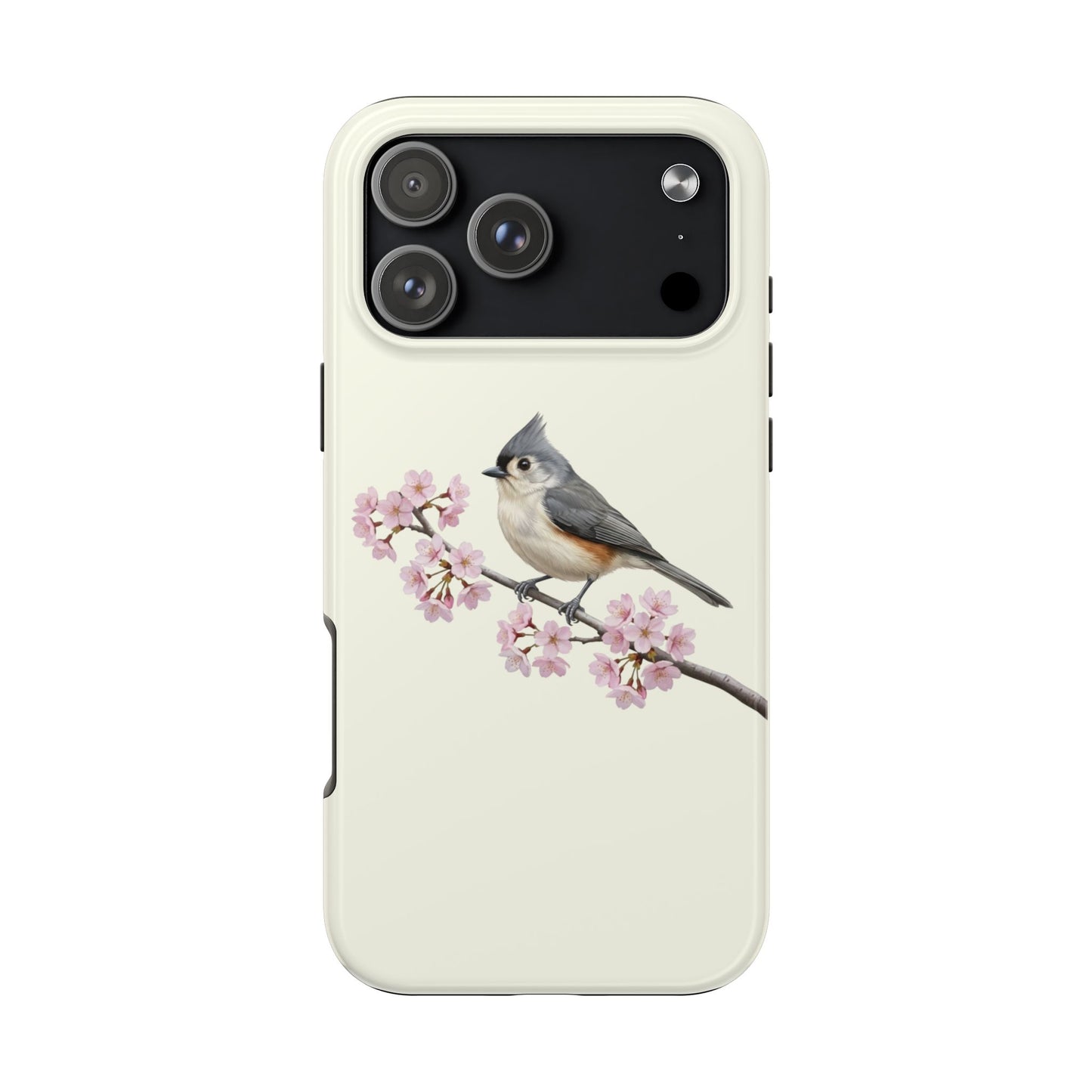 Tufted Titmouse & Cherry Blossom Tough iPhone Case Creamy White