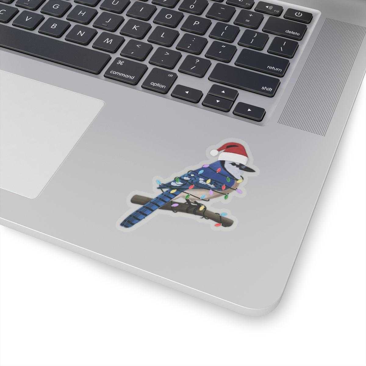 Blue Jay with Fairy Lights and Santa Claus Hat Christmas Bird Sticker