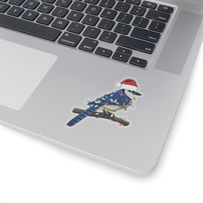 Blue Jay with Fairy Lights and Santa Claus Hat Christmas Bird Sticker