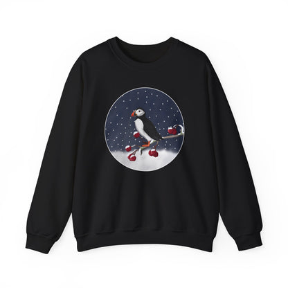 Puffin on a Winter Branch Birdwatcher Christmas Bird Sweatshirt