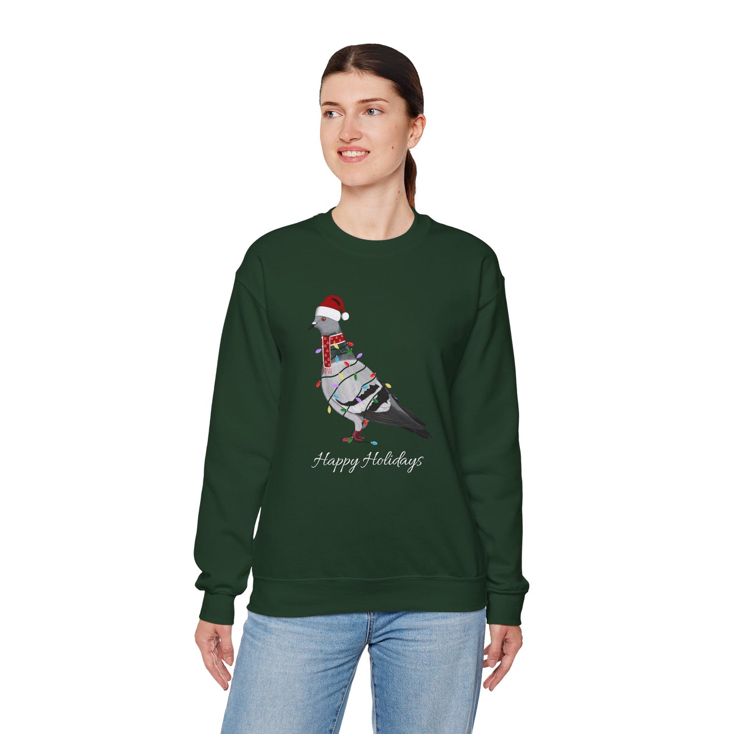 Pigeon with Fairy Lights as Santa Happy Holidays Birdwatcher Christmas Bird Sweatshirt