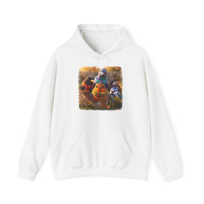 Gartenvögel Hoodie „Rosis Gruppen-Selfie“ – Kuscheliger Kapuzenpullover mit Rotkehlchen, Amsel & Meise