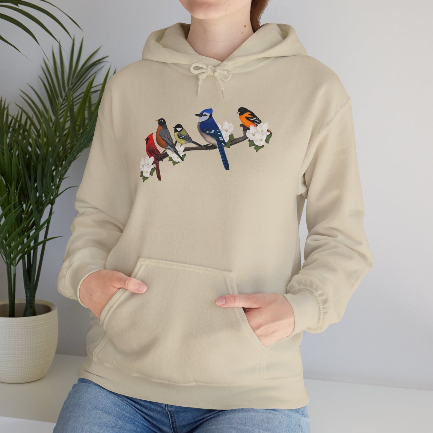 Backyard Birds on a Branch Blue Jay Cardinal Robin Chickadee Oriole Birdwatcher Hoodie