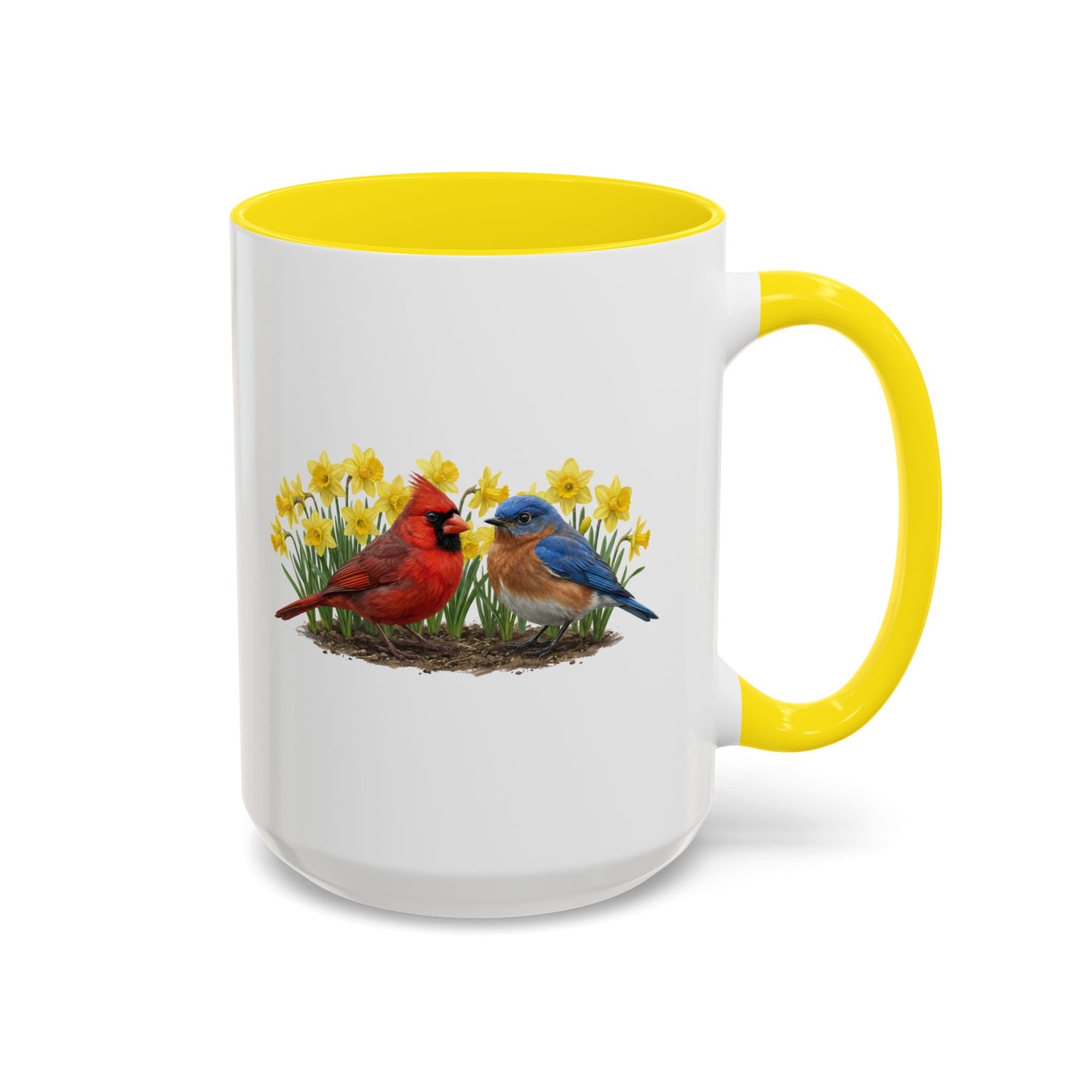Spring Mug with a cardinal and bluebird on a floral background and yellow interior and handle