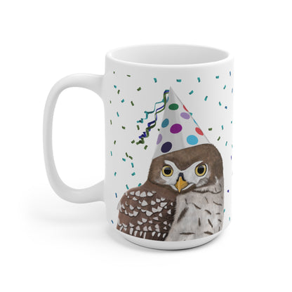 Eule feiert Geburtstag mit Partyhut und Konfetti Vogel Tasse