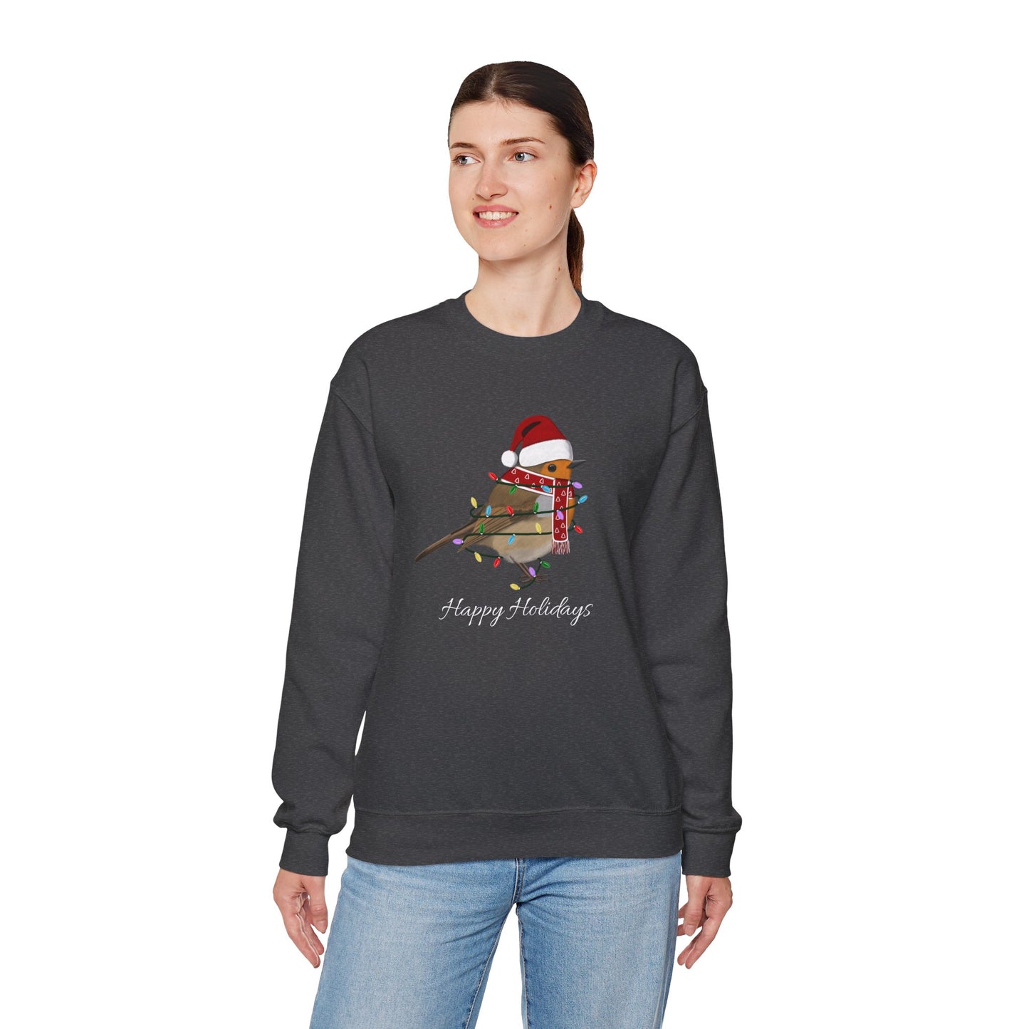 European Robin with Fairy Lights as Santa Happy Holidays Birdwatcher Christmas Bird Sweatshirt