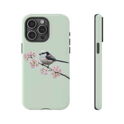 Schwanzmeise Handyhülle in Salbeigrün | Florales Kirschblüten Vogel-Motiv für iPhone & Google Pixel