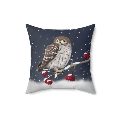 Little Owl on a Winter Branch Christmas Bird Pillow