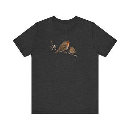 European Robin & Fledgling T-Shirt | Spring Blossoms Unisex Graphic Tee