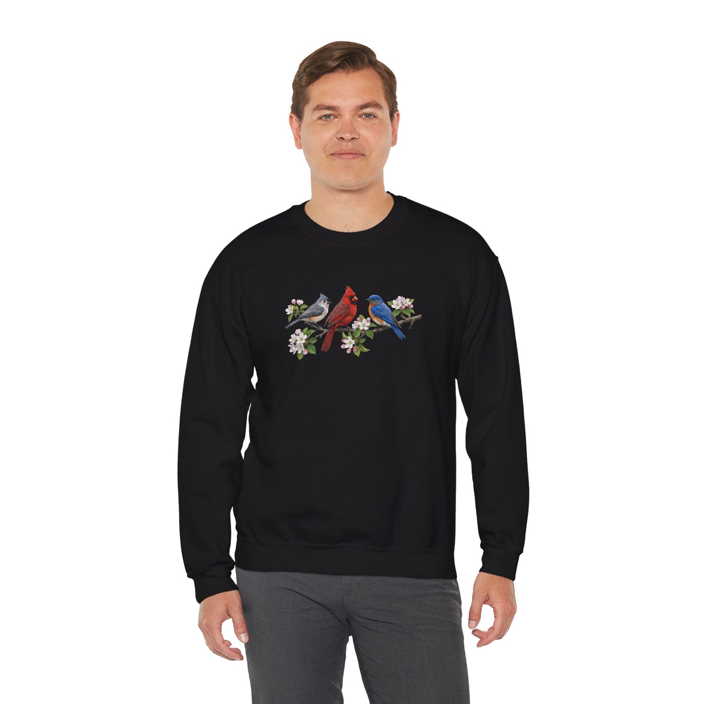 Tufted Titmouse, Cardinal & Bluebird & Apple Blossoms – Cozy Birding Crewneck Sweatshirt