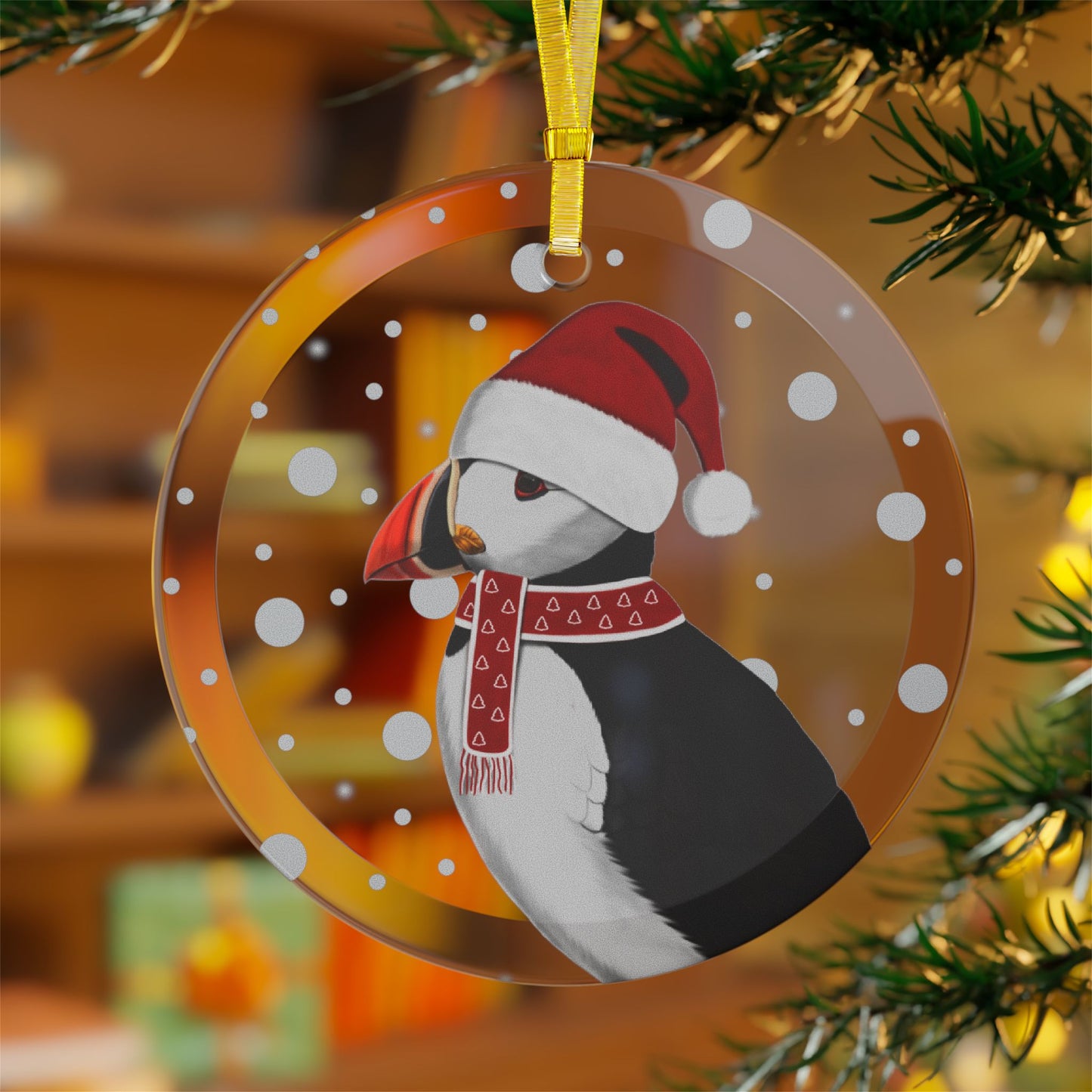 Puffin as Santa Claus Christmas Bird Glass Ornament Transparent