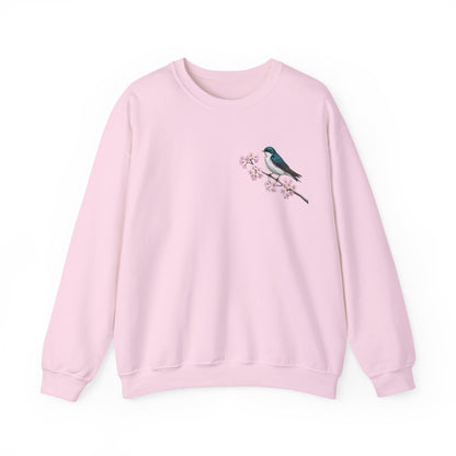 Tree Swallow Cherry Blossom Sweatshirt | Floral Bird Crewneck Cozy Spring Pullover – Animal Lover Gift,