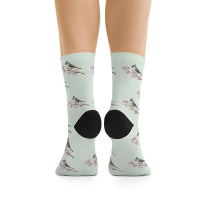 Tufted Titmouse Socks – & Cherry Blossom Sage Green | Birdwatching Apparel