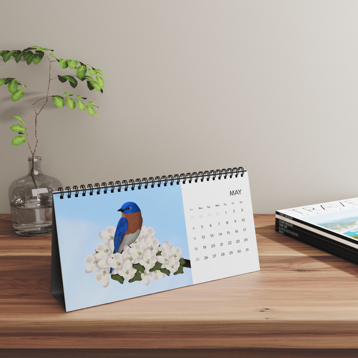 Backyard Birds Blue Jay Cardinal Robin Desktop Calendar with 2025 Grid