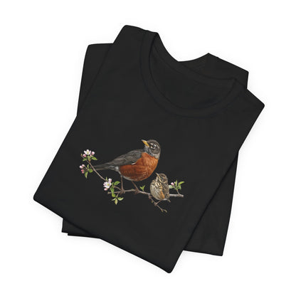 American Robin & Fledgling T-Shirt | Spring Blossoms Unisex Graphic Tee