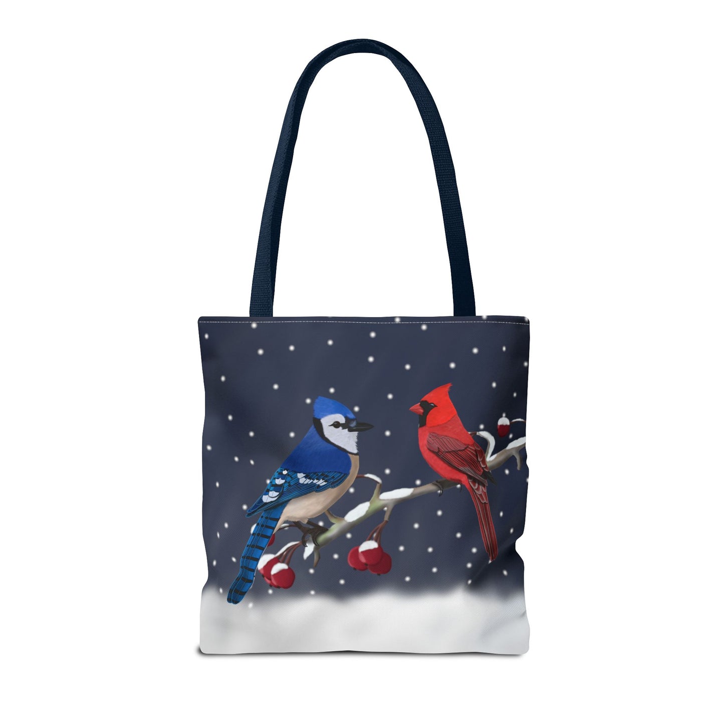 Blue jay and Cardinal on a Winter Branch Christmas Bird Tote Bag 16"x16"