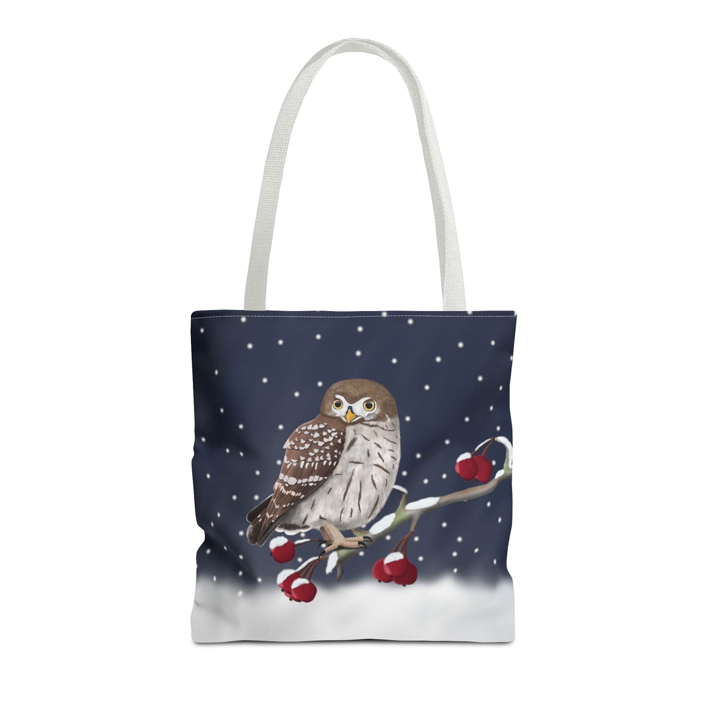 Little Owl on a Winter Branch Christmas Bird Tote Bag 16"x16"