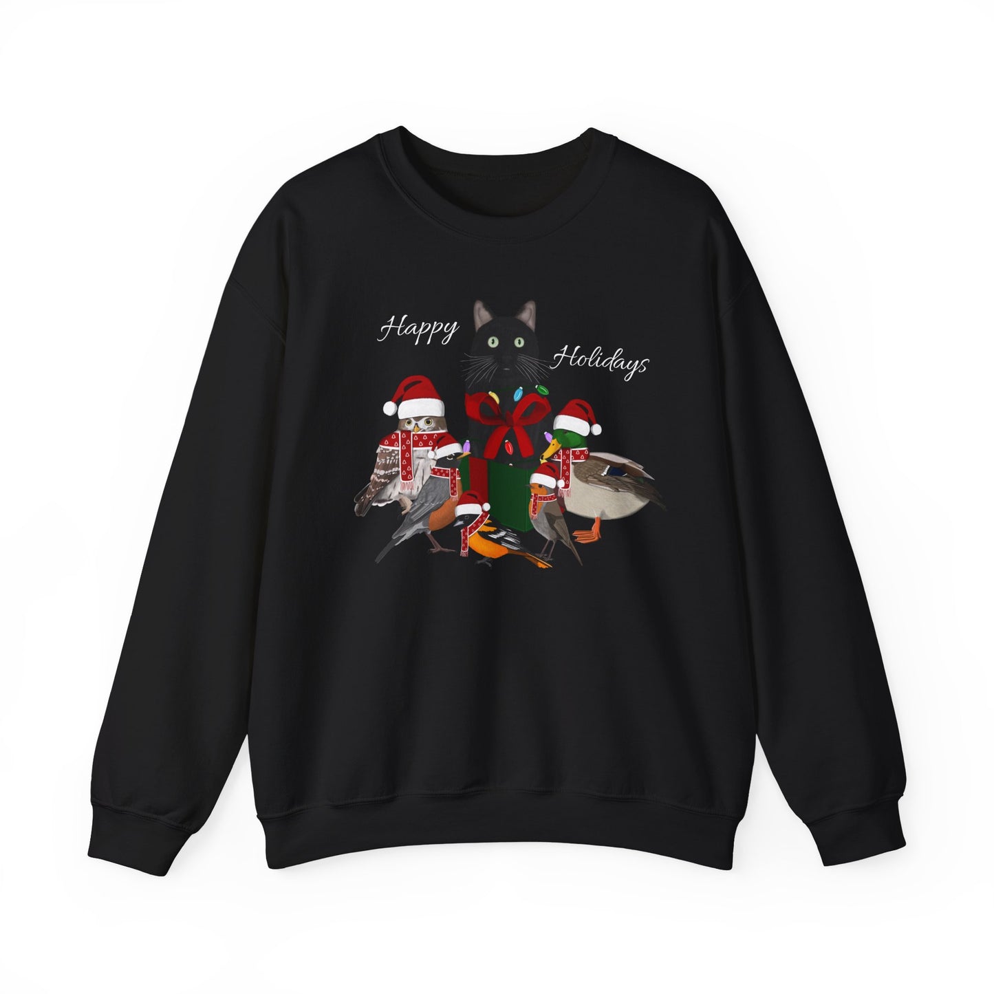 Robin Mallard Oriole Owl with Cat in a Box and Fairy Lights Happy Holidays Christmas Bird Sweatshirt