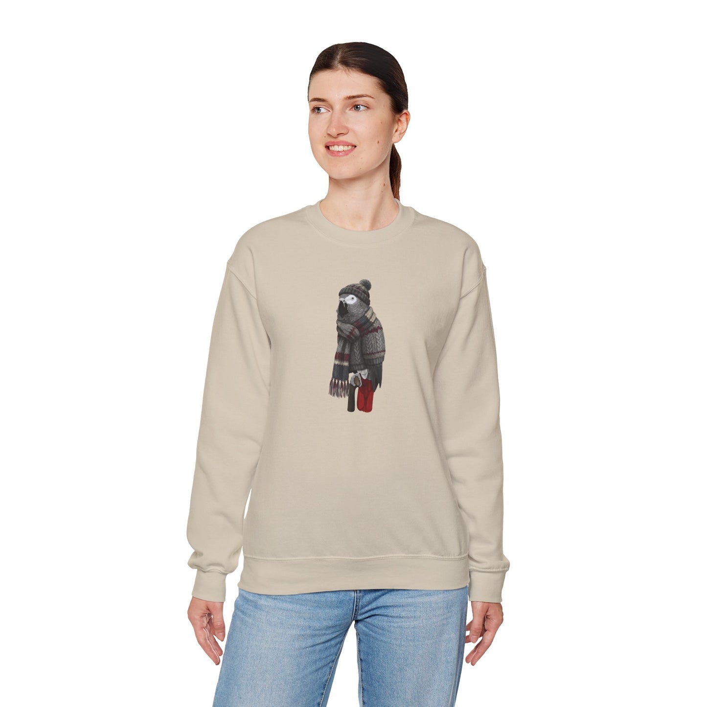Grey Parrot Winter Sweatshirt | Bird Watcher Crewneck | Unisex Songbirds Wearing Knit Gift for Bird Lovers