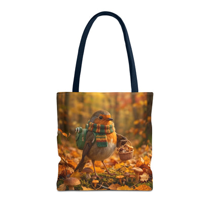 Tragetasche Rosi Rotkehlchen sammelt Pilze | Herbst Stofftasche für Vogelfreunde und Vogelbeobachter