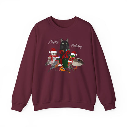 Robin Mallard Oriole Owl with Cat in a Box and Fairy Lights Happy Holidays Christmas Bird Sweatshirt