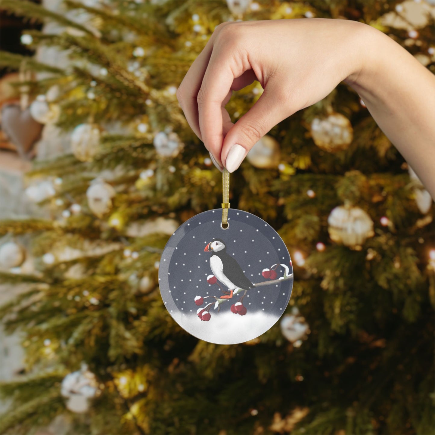 Puffin on a Winter Branch Christmas Bird Glass Ornament